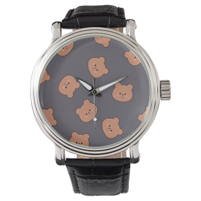 Cute Brown Teddy Bear Face Pattern Dark Blue Armbandsur (Framsida)