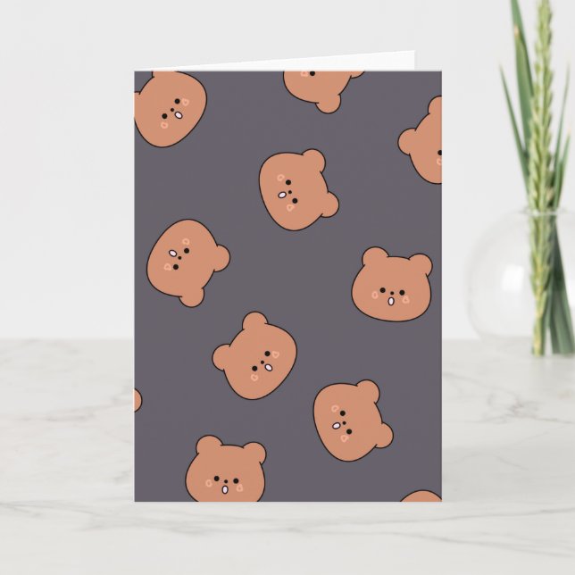 Cute Brown Teddy Bear Face Pattern Dark Blue Kort (Framsida)