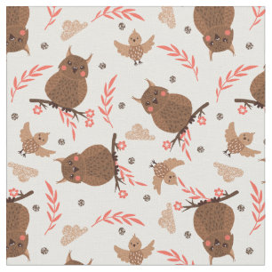 Cute Brown Uggla och Bird Mönster Tyg