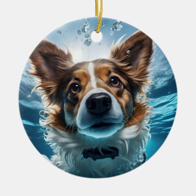 Cute Brown White Hund Underwater Swimming Ornammin Julgransprydnad Keramik (Framsidan)