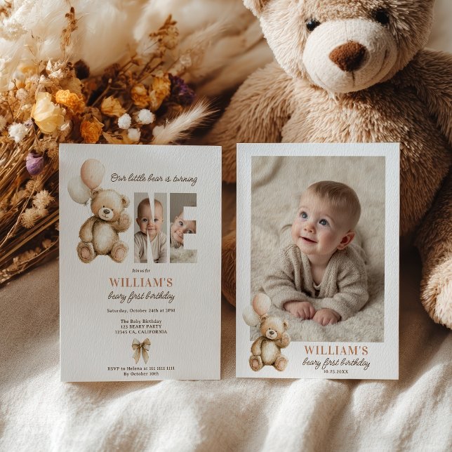 Cute brun Beary 1:a födelsedagsfoto Nalle Inbjudningar (Cute brown Beary 1st Birthday Teddy Bear Photo Invitation)