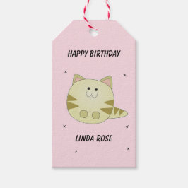 Cute brun katt rosa mönster grattis på födelsedage presentetikett