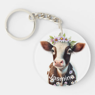 Cute-brun ko, ditt namn blommigt vattenfärgsfarm