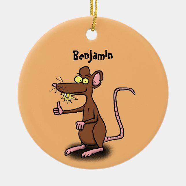 Cute-bruna råtta-tummar uppåt tecknad julgransprydnad keramik (Framsidan)
