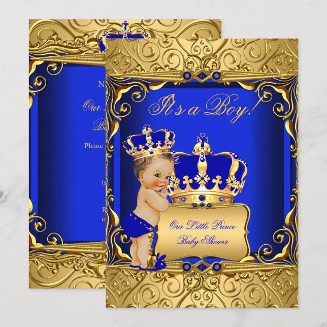 Cute Brunette Baby Shower Boy Regal Royal Blue Inbjudningar (Fram/baksida)