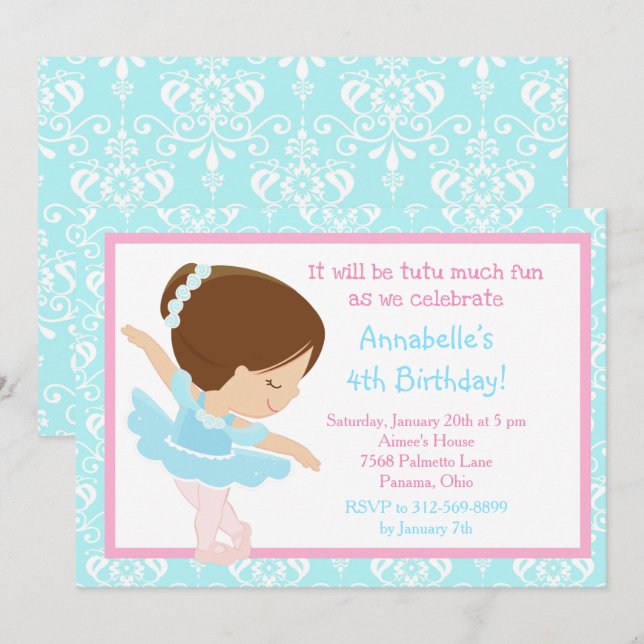 Cute Brunette Ballerina och Blue Damask Inbjudningar (Fram/baksida)