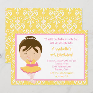 Cute Brunette Ballerina och Gult Damask Inbjudningar