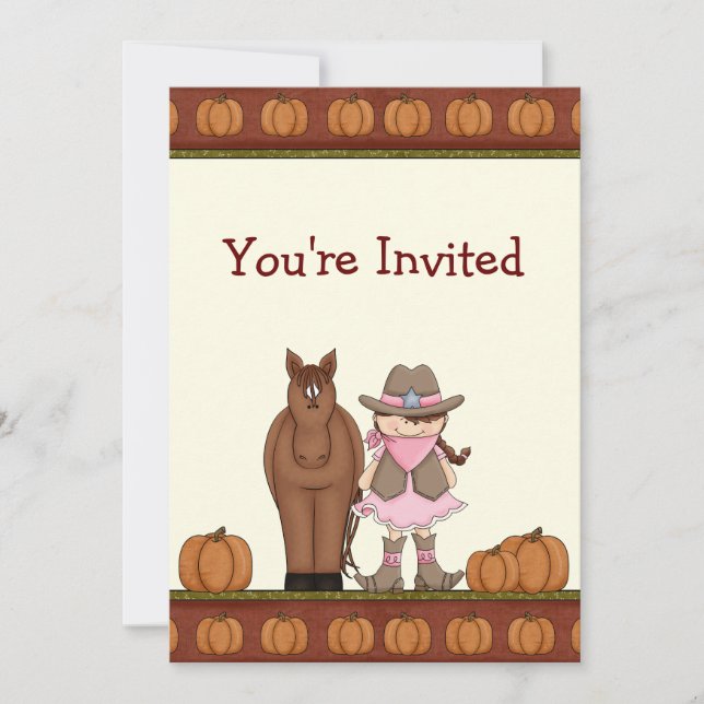 Cute Brunette Cowgirl och Horse Autumn Birthday Inbjudningar (Framsida)
