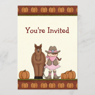 Cute Brunette Cowgirl och Horse Autumn Birthday Inbjudningar