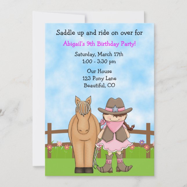 Cute Brunette Cowgirl och Horse Birthday Inbjudan (Framsida)