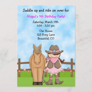 Cute Brunette Cowgirl och Horse Birthday Inbjudan
