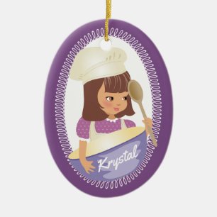 Cute brunette-flickans barnkock kulinarisk jul julgransprydnad keramik