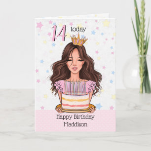 Cute Brunette Girl med Cake Grattis på födelsedage Helgkort