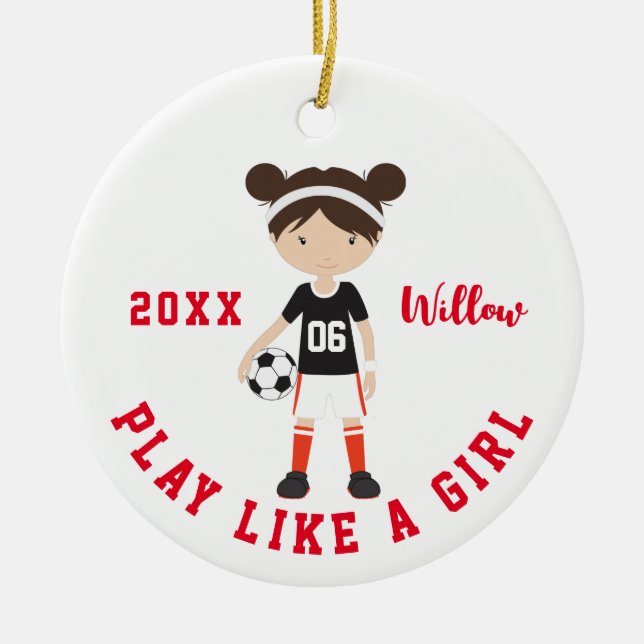 Cute Brunette Girl Soccer Personlig jul C Julgransprydnad Keramik (Framsidan)