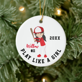 Cute Brunette Girl Softball Player jul Julgransprydnad Keramik