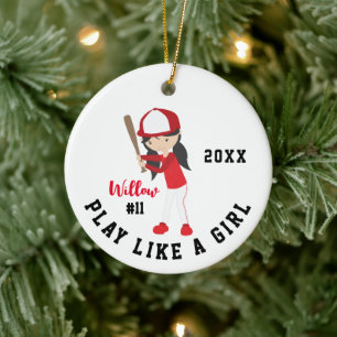 Cute Brunette Girl Softball Player jul Julgransprydnad Keramik