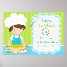 Cute Brunette Hair Boy Baking Birthday Poster