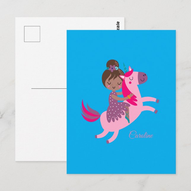 Cute Brunette Hved Girl Riding på Unicorn Vykort (Fram/baksida)