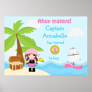 Cute Brunette Pirat Girl i Rosa Birthday Poster