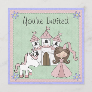 Cute Brunette Princess och Unicorn Birthday Inbjud Inbjudningar
