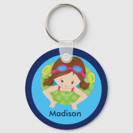 Cute Brunette Simma Girl with Goggles Anpassningsb Nyckelring