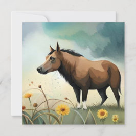 Cute-brunponny i blommigten fält