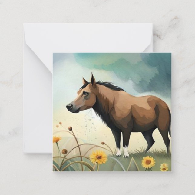 Cute-brunponny i blommigten fält anteckningskort (Framsida)