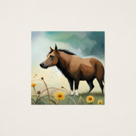 Cute-brunponny i blommigten fält fyrkantigt visitkort