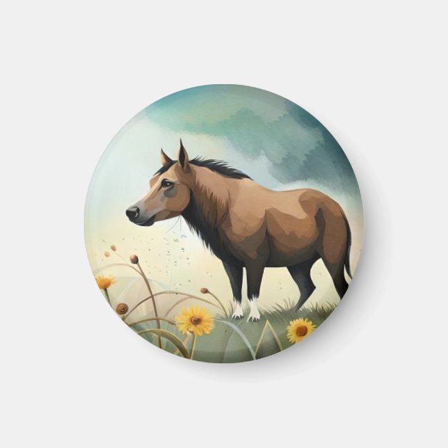 Cute-brunponny i blommigten fält magnet (Framsidan)