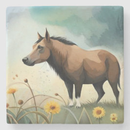 Cute-brunponny i blommigten fält stenunderlägg