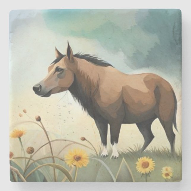 Cute-brunponny i blommigten fält stenunderlägg (Framsidan)