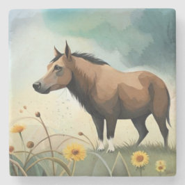 Cute-brunponny i blommigten fält stenunderlägg