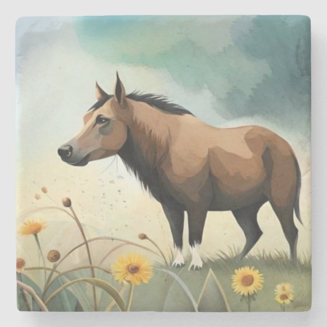 Cute-brunponny i blommigten fält stenunderlägg (Framsidan)