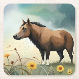 Cute-brunponny i blommigten fält underlägg papper kvadrat
