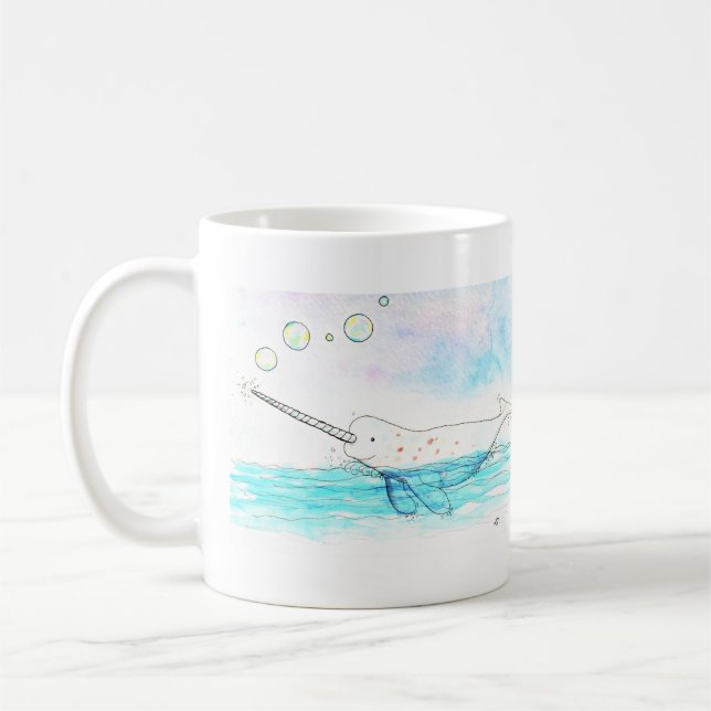 Cute Bubble-Popping Narwhal Watercolor Kaffemugg (Vänster)
