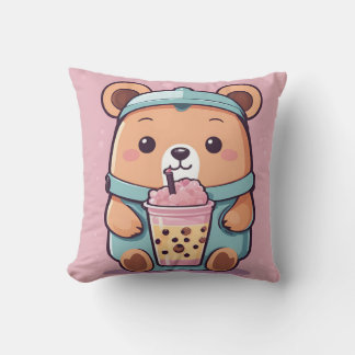Cute Bubble Tea Bear Illustration - Kawaii Stil Kudde