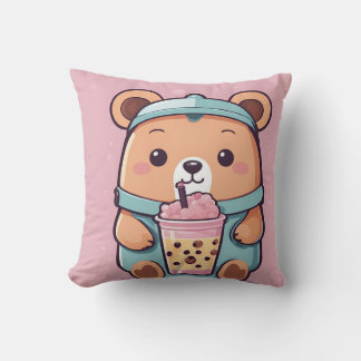Cute Bubble Tea Bear Illustration - Kawaii Stil Kudde