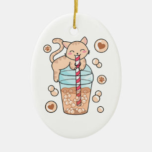 Cute Bubble Tea Cat Japanska Anime Djurälskare Julgransprydnad Keramik