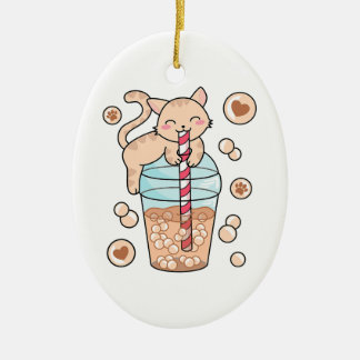 Cute Bubble Tea Cat Japanska Anime Djurälskare Julgransprydnad Keramik