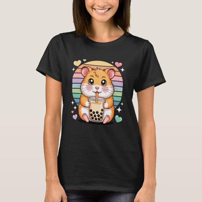 Cute Bubble Tea Hamster Kawaii Pastel Rainbow Love T Shirt (Framsida)
