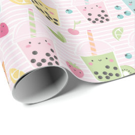 Cute Bubble Tea på ljusa rosa och vita rand Presentpapper
