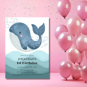 Cute Bubble Whale Ocean Wave Birthday Inbjudningar