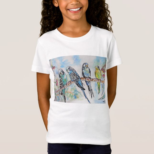 Cute Budgie Whimsical Watercolor Girls T Shirt (Framsida)