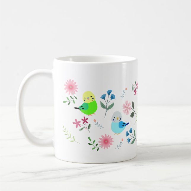 Cute Budgies Parakeet with Flowers Söt Birds Kaffemugg (Vänster)