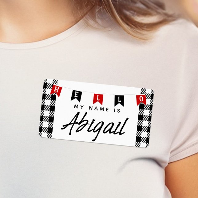 Cute Buffalo Hej mitt Namn är Namn bricka Fraktsedel (Black and White Buffalo Check "Hello My Name Is" Name Tags for Baby Showers and Holiday Parties)
