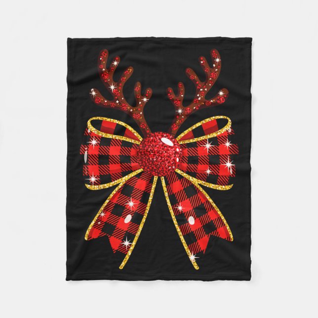 Cute Buffalo Plaid Coquette Bow Reindeer Christmas Fleecefilt (Framsidan)