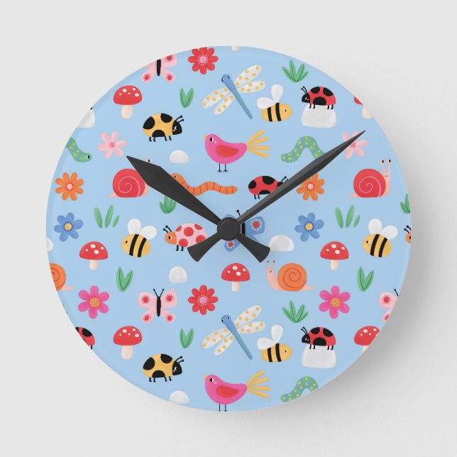 Cute Bugs Kids Wall Clock – Ladybirds, Bees & Natu Rund Klocka (Framsida)
