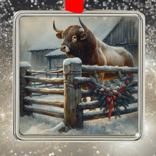 Cute Bull på en juljö i Rustic Farm Julgransprydnad Metall