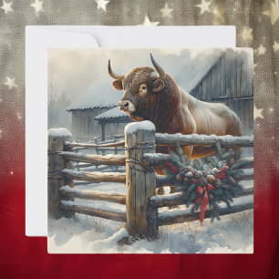 Cute Bull på en juljö i Rustic Farm Julkort