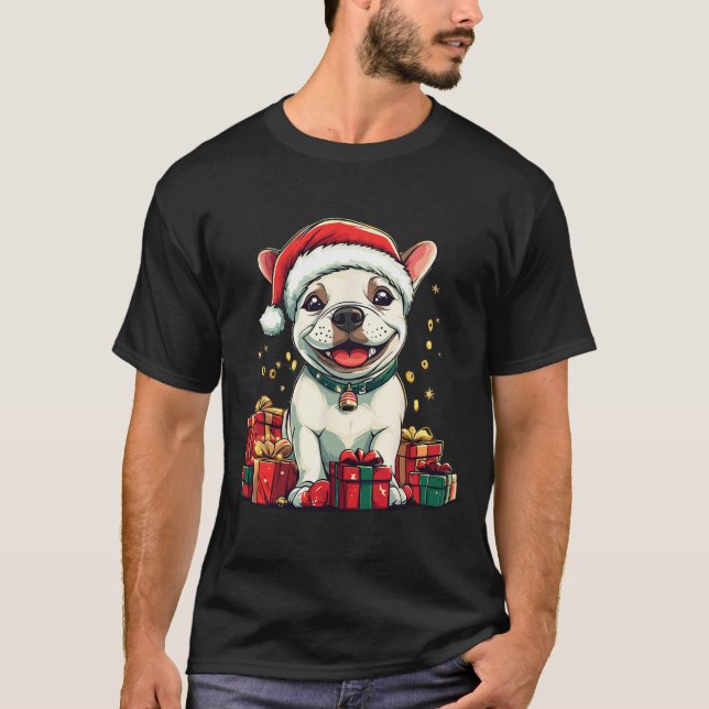 Cute Bull Terrier Santa Hat Funny jul Julafton D T Shirt (Framsida)